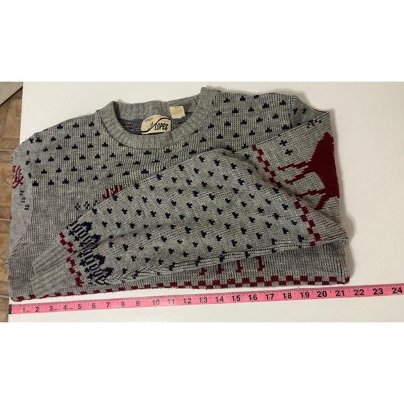 Vintage Sleep Slopes Gray Red Reindeer Christmas Sweater L 100% Virgin Acrylic - Picture 7 of 7